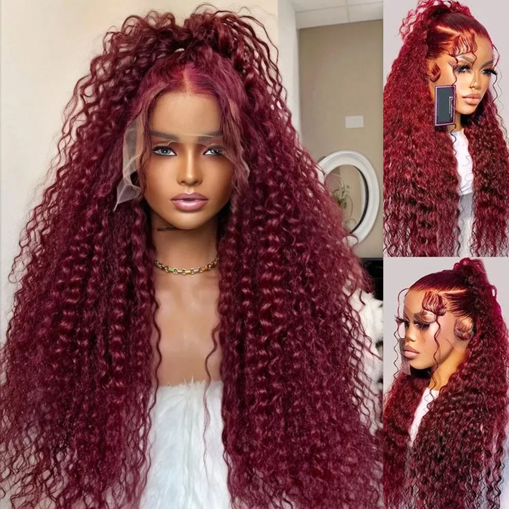 

Soft 26 Inch Long Wine red Kinky Curly Lace Front Wig For Women With Baby Hair Synthetic Preplucked Glueless Daily