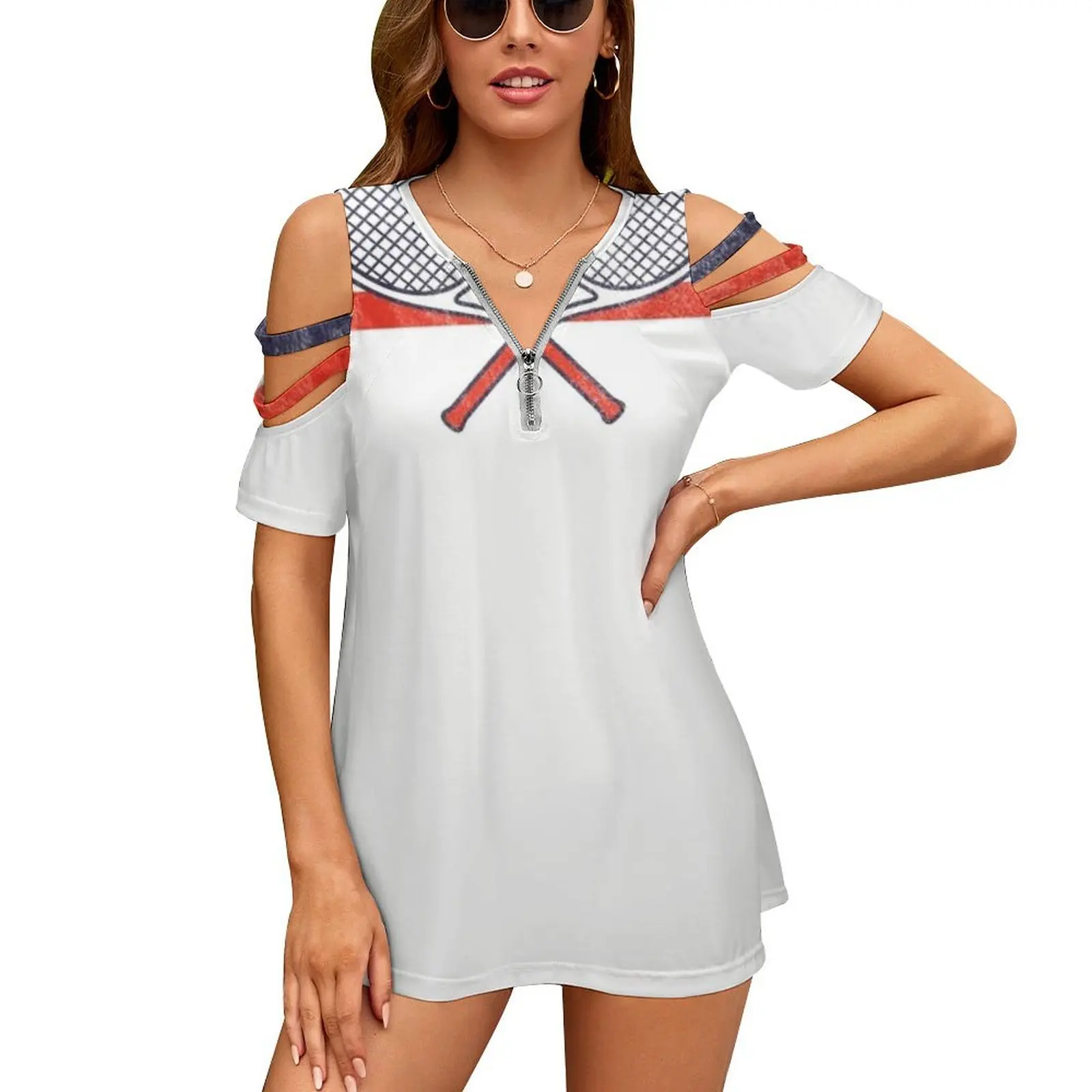 Retro Tennis Tennis Racket Tennis Ball New Fashion Zip Off Shoulder Top Short-Sleeve Women Shirt Tennis Tennis Court Tennis