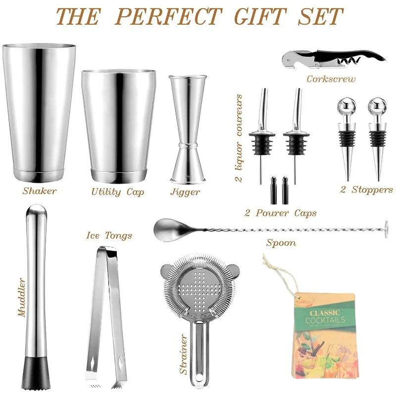 Eco Friendly Complete Bartender Supply Set, 14Pcs Dual Size 600/750ml Boston Shaker With Recipe Book Wooden Storage Stand