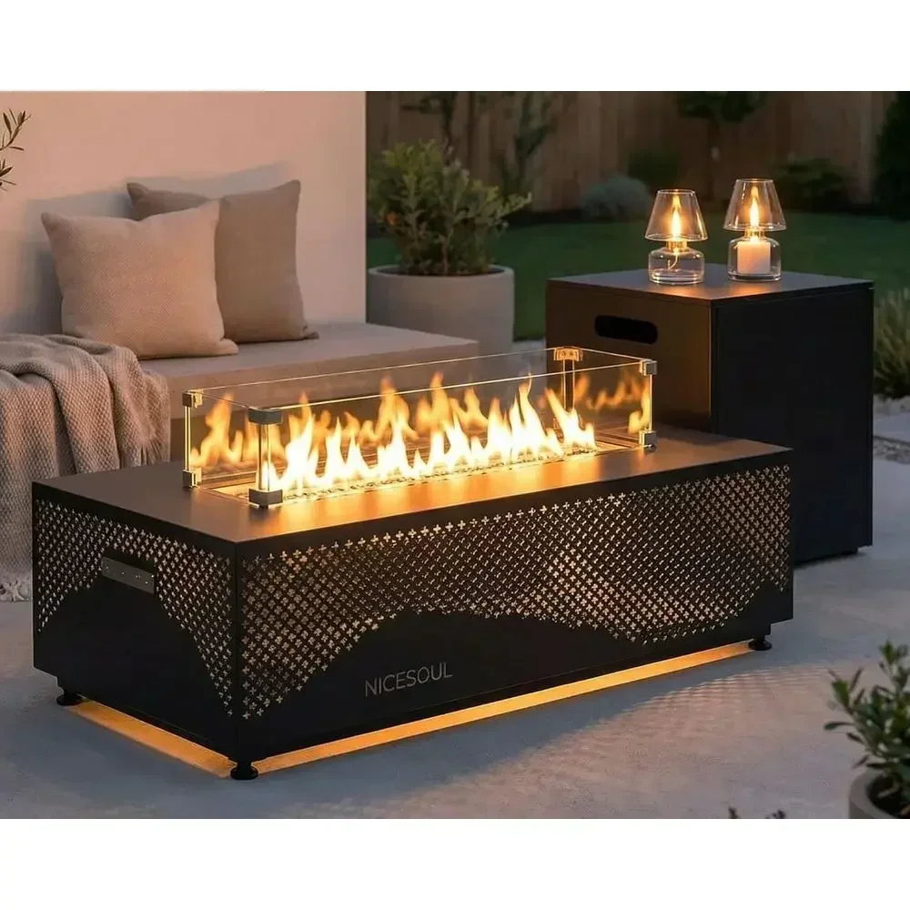 42-inch Outdoor Fire Pit Table with Hidden Tank, CSA Certified, 50,000 BTU Gas Fireplace, LED Star Light, Suitable for Backyard.