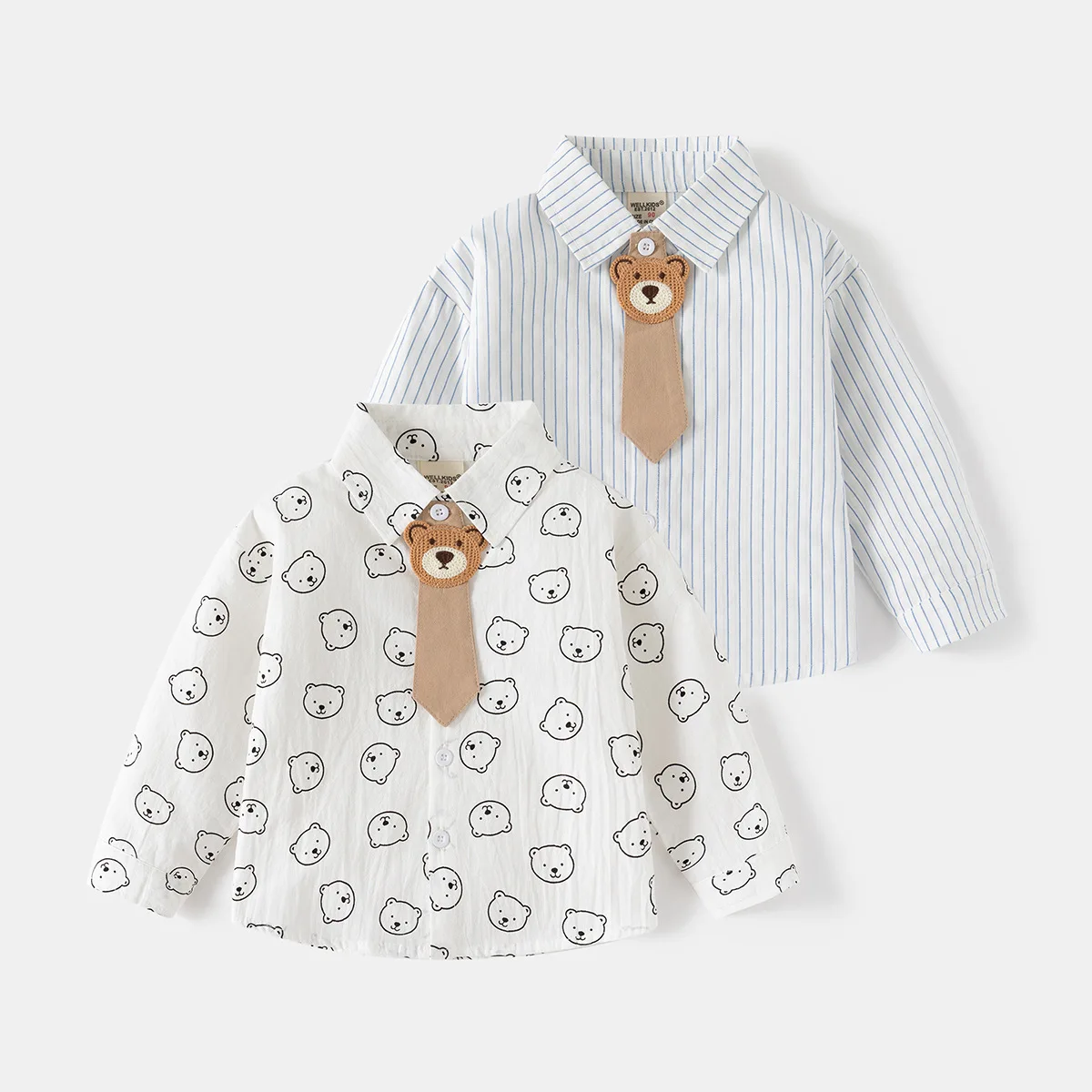 

Spring and autumn children's shirt Cute Bear tie boy's shirt Long sleeve lapel toddler boy baby top Children's clothing 1-8years