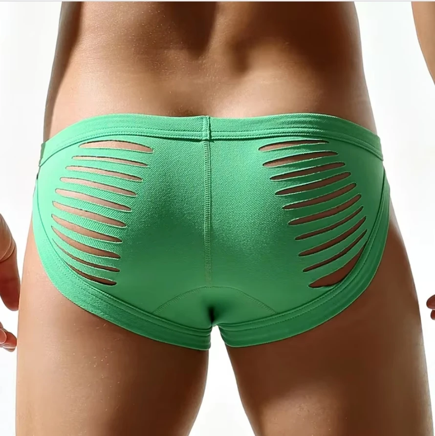 

Men's Erotic Brief Underwear Striped Hollowed Out Tanga Adult Low Waist U Convex Pouch Mankini Gay Sexy Open Buttocks Underpants