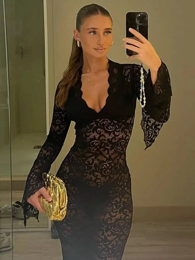 Spitze Transparent Sexy Aushöhlen Maxi Kleid Elegante Outfits Frauen Flare Hülse V-ausschnitt Kleider Party Club Vestido MSQ4