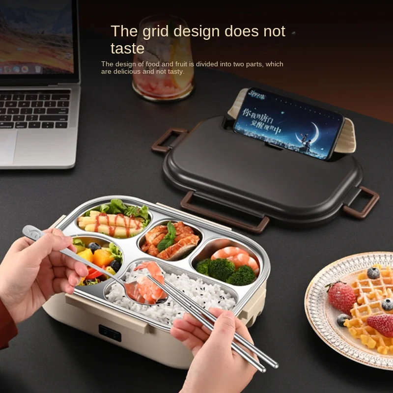 Portable 5 Grids Stainless Steel Dinner Plate Electrically Heated Lunch Boxes and Insulated Bags Set Spoons Chopsticks & Charger