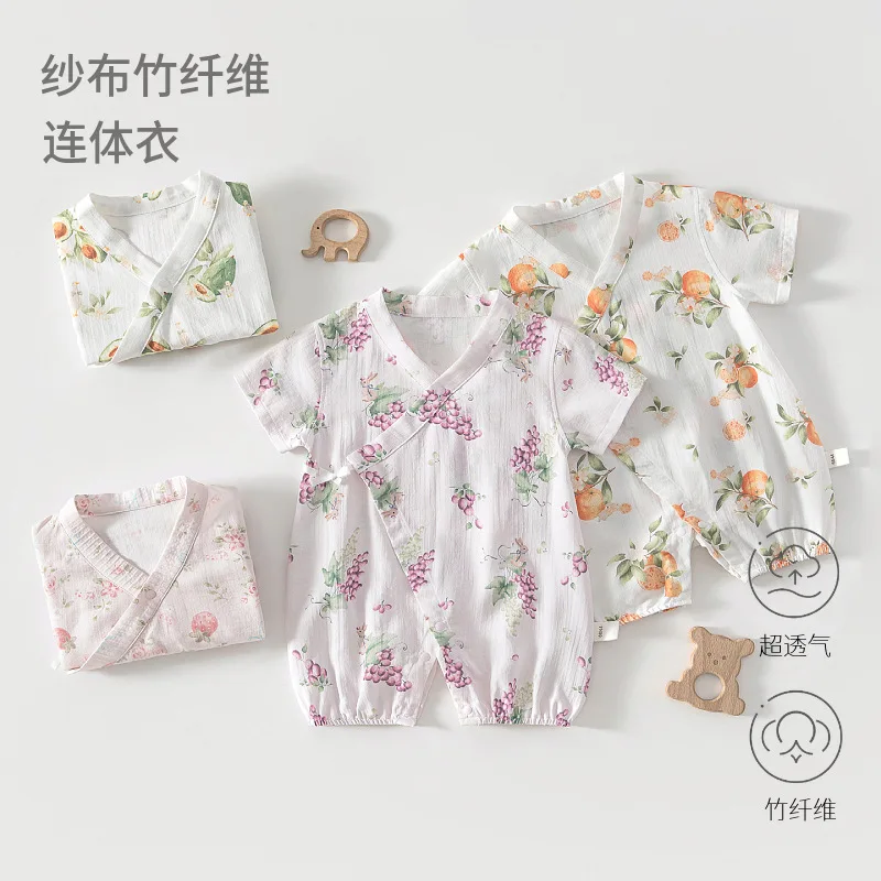 Baby Gauze Romper Baby Summer Climbing Clothes Short-sleeved Bamboo Fiber Romper Children's Summer Air Conditioning Room Clothes