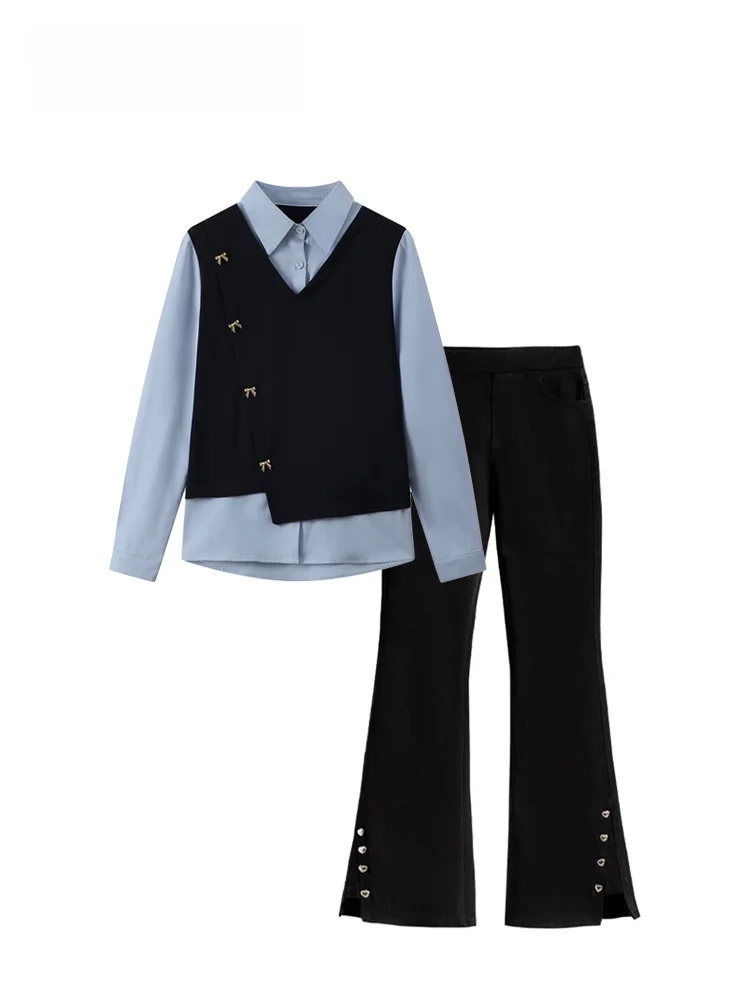 

CaraCLUB plus Size irt Women's Autumn Faion Slimming Design Sense Top False Two-Piece Collar Long Sve Regular Fit