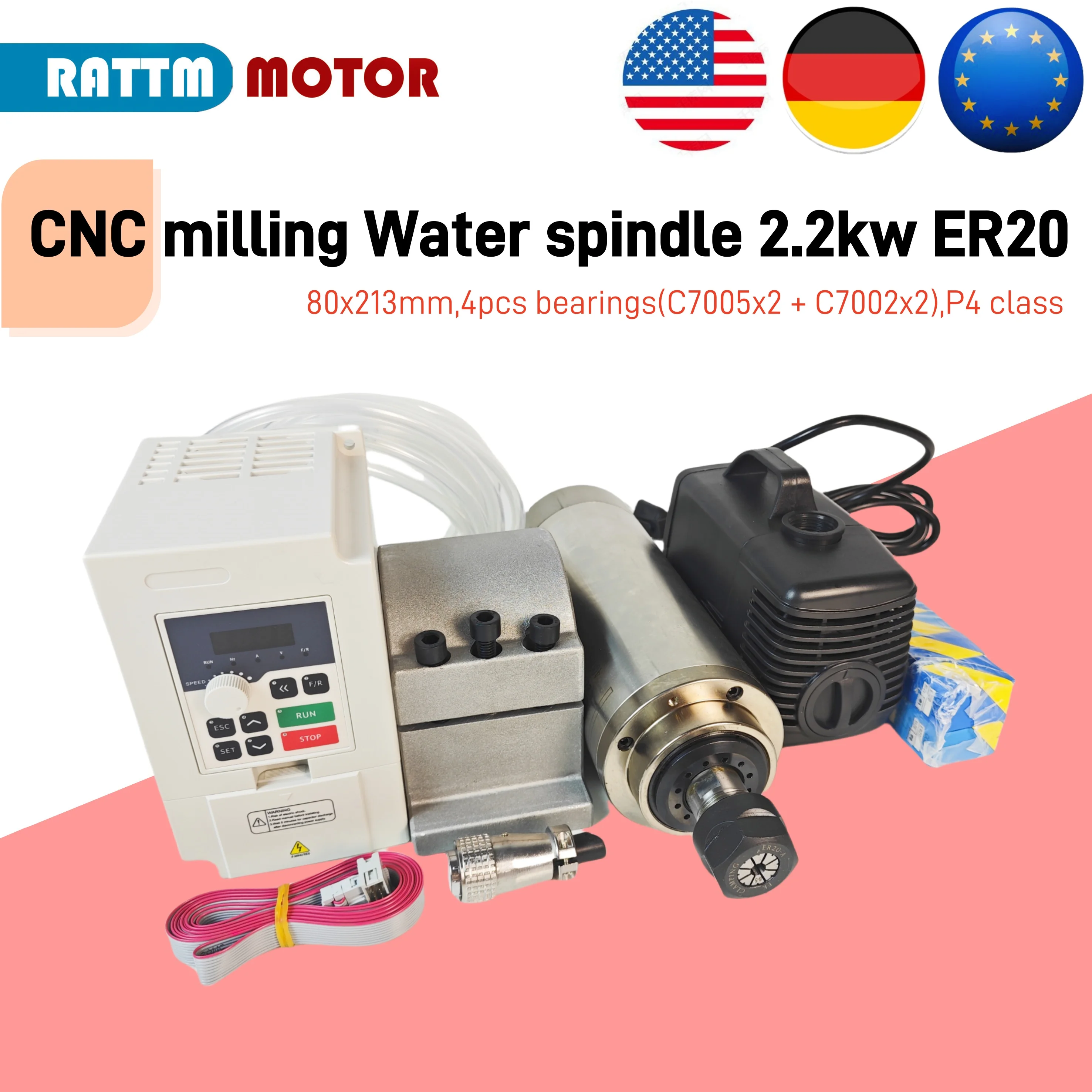 【EU/US】CNC Milling Spindle 2.2kw ER20 Water Cooled Spindle 4 Bearings 24000rpm & 2.2kw VFD Inverter 220V & 80mm Clamp & 80W Pump