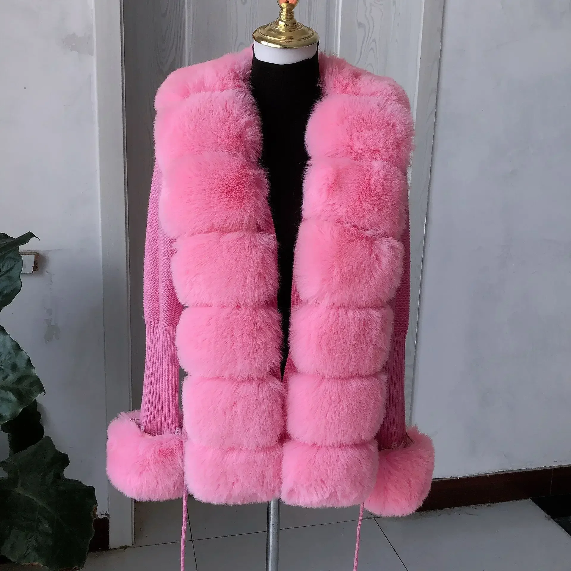 Women Faux Fur Knit Sweater cardigan Spring Autumn elegant Knitted sweater with faux fox fur collar Ladies Fashion Coat fur coat