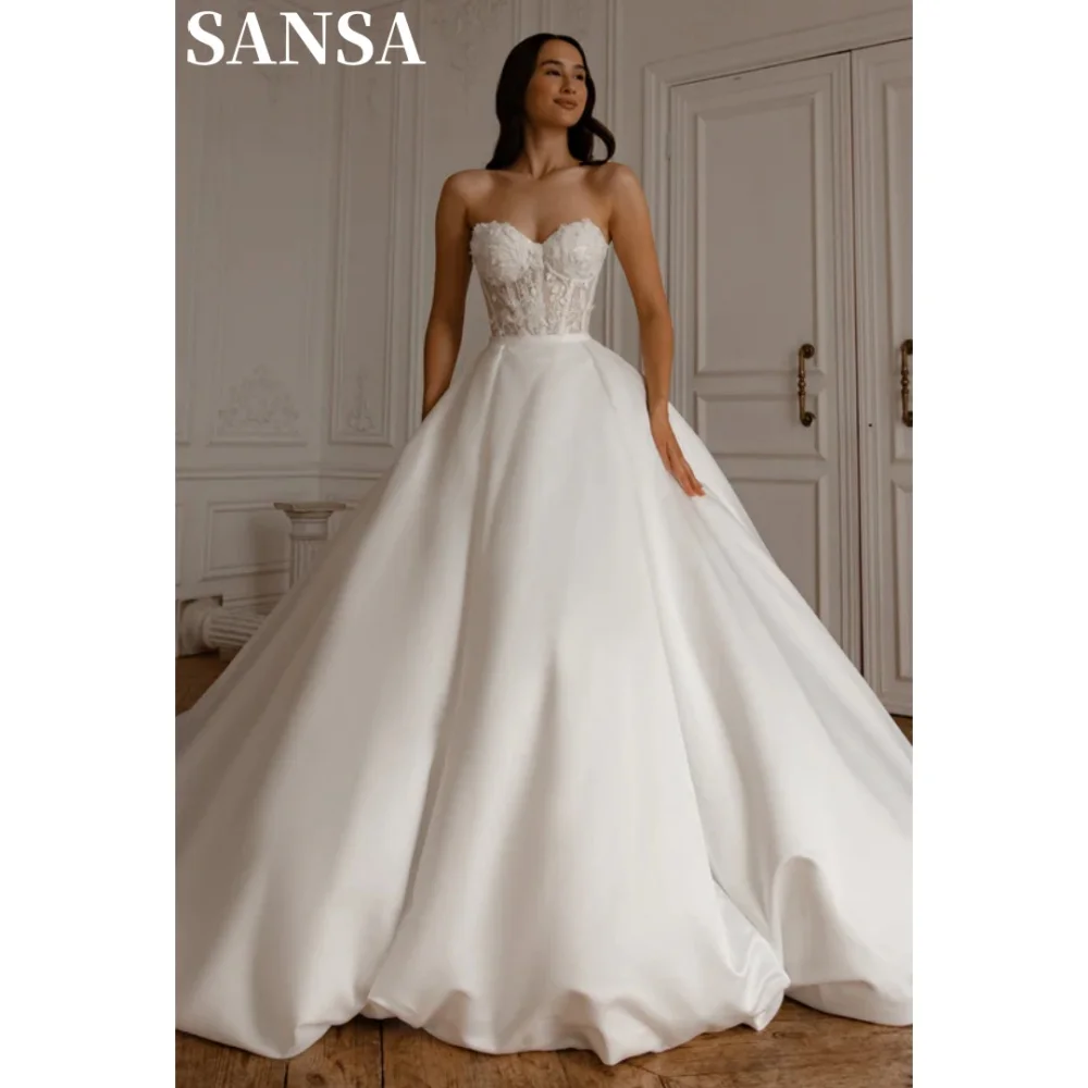 Sansa-Robe de Mariée en Satin avec Broderie Florale, Ligne A, Élégante, Personnalisée, Deux Pièces, Queue Parfaite, Éducative