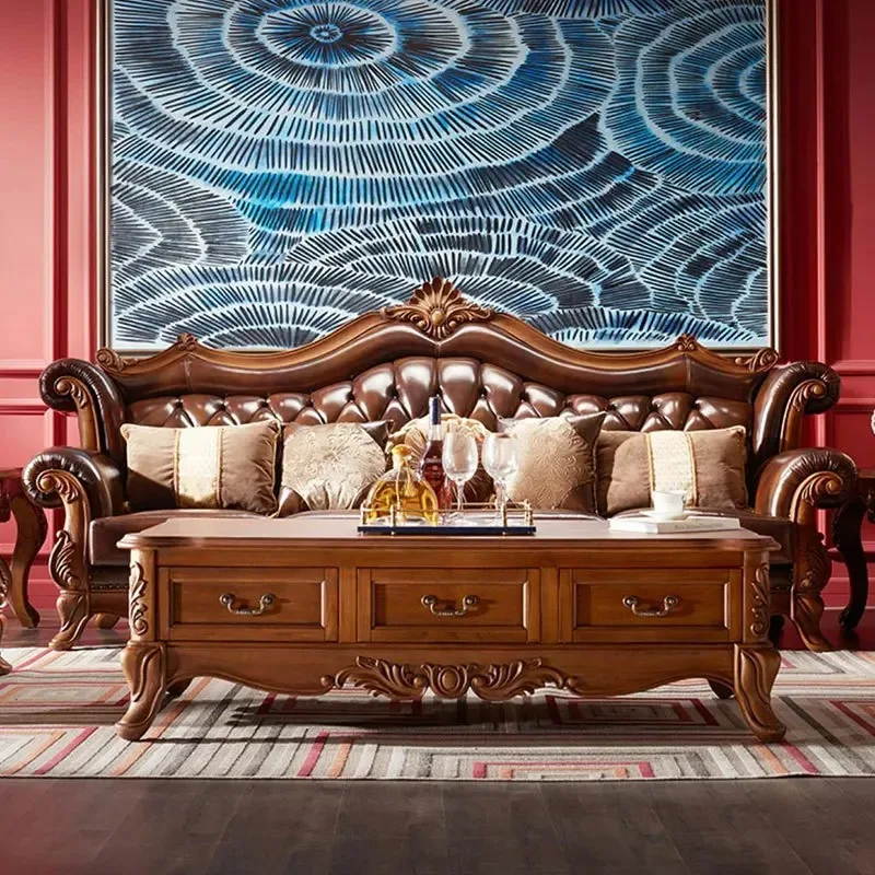 Customizable solid wood leather sofa carved retro luxury high-end villa living room furniture European sofa