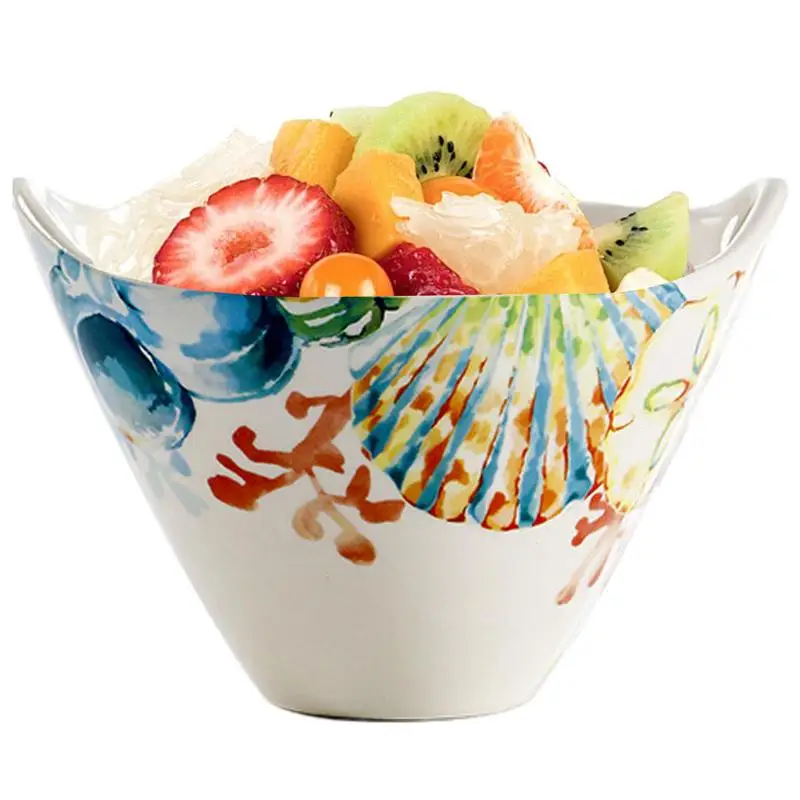 

Modern Fruit Bowl Double-Ear Decorative Fruit Bowl Underglaze Color Ceramic Noodle Bowl Anti-Scald & Reusable Patterned