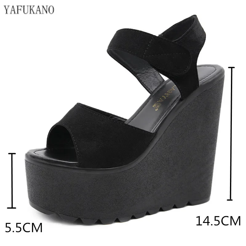 15 Cm Super wysokie szpilki damskie sandały na platformie moda czarne białe grube dno kliny sandały damskie Sexy Peep Toe sandały