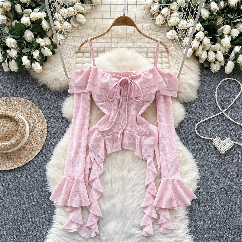 أسود وردي قبالة الكتف المرأة طويلة مضيئة كم قميص أبيض المشمش مائل الرقبة غير النظامية أعلى الأشرطة خريف جديد الكشكشة ضئيلة بلوزة