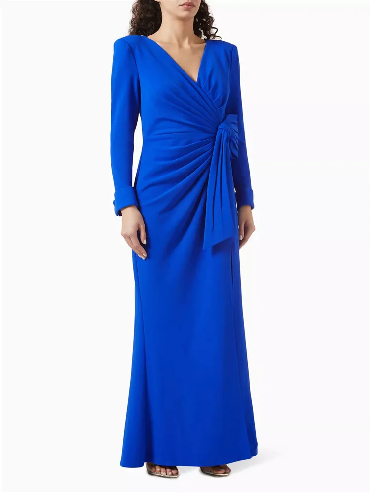 

Customized Bow Draped Long-sleeved Evening Dress V-neck Pleated Cuffs Skirt Pleated Waist Large Bow Decorated Side Slit Dress