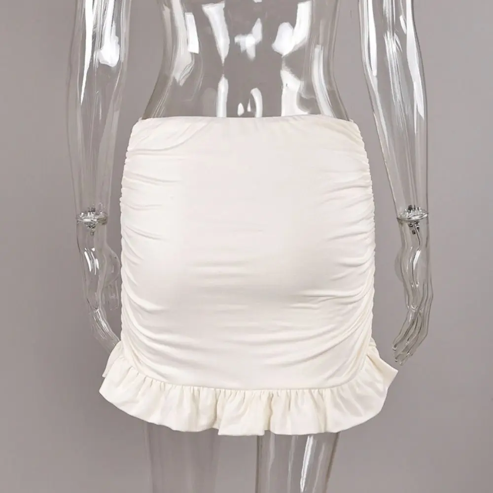 Ruched Design Mini Skirts Apricot Color Sexy Style Ruffles Skirt Casual Style Ruffles Detail Low Waist Skirts For Women