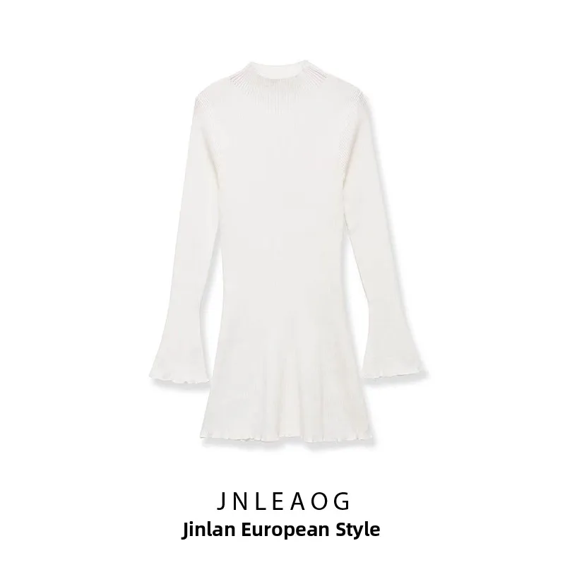 

Модное трикотажное платье JNLEAOG с длинным рукавом и высоким воротником, волнистое, в рубчик, весенняя новинка, женская повседневная одежда из полиэстера