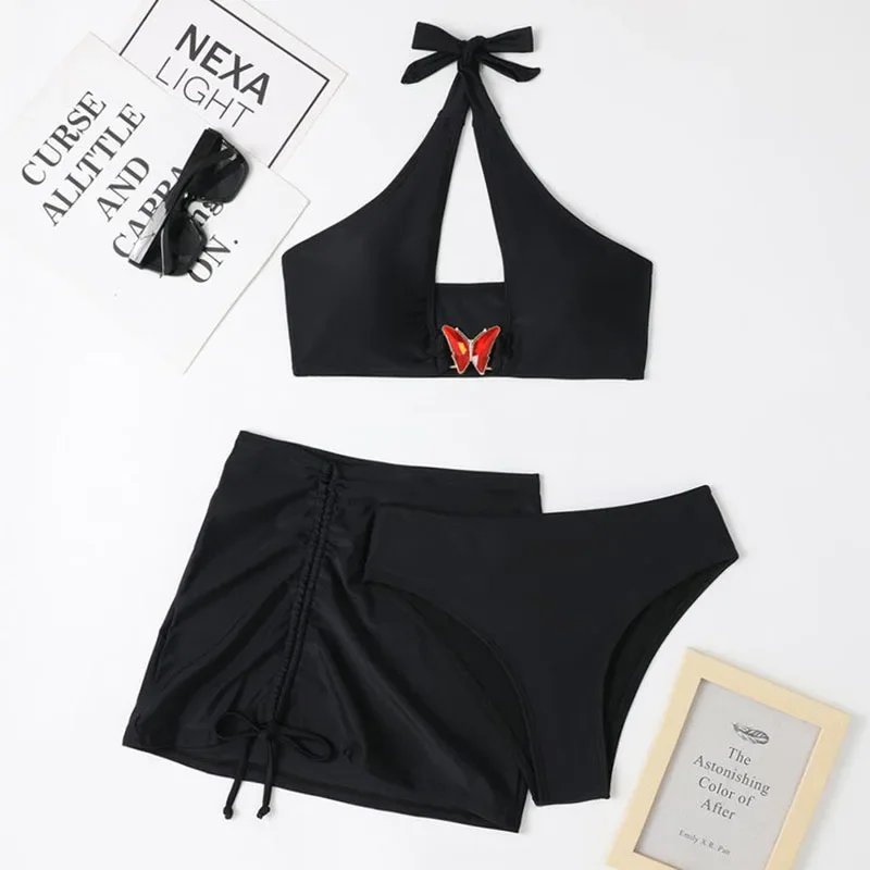 

With Skirt Swimsuits 2023 Women Three Pieces Solid Bikini Set Bandage Backless Butterfly Female Swimwear Push Up Mujer Beachwear