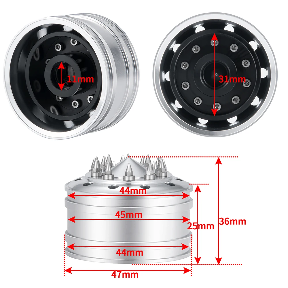 TRINOOD Aluminum Front Wheel Hub Rims for 1/14 Tamiya Truck Tractor VOLVO MAN 770S R470 R620 FH12 Upgrade Parts