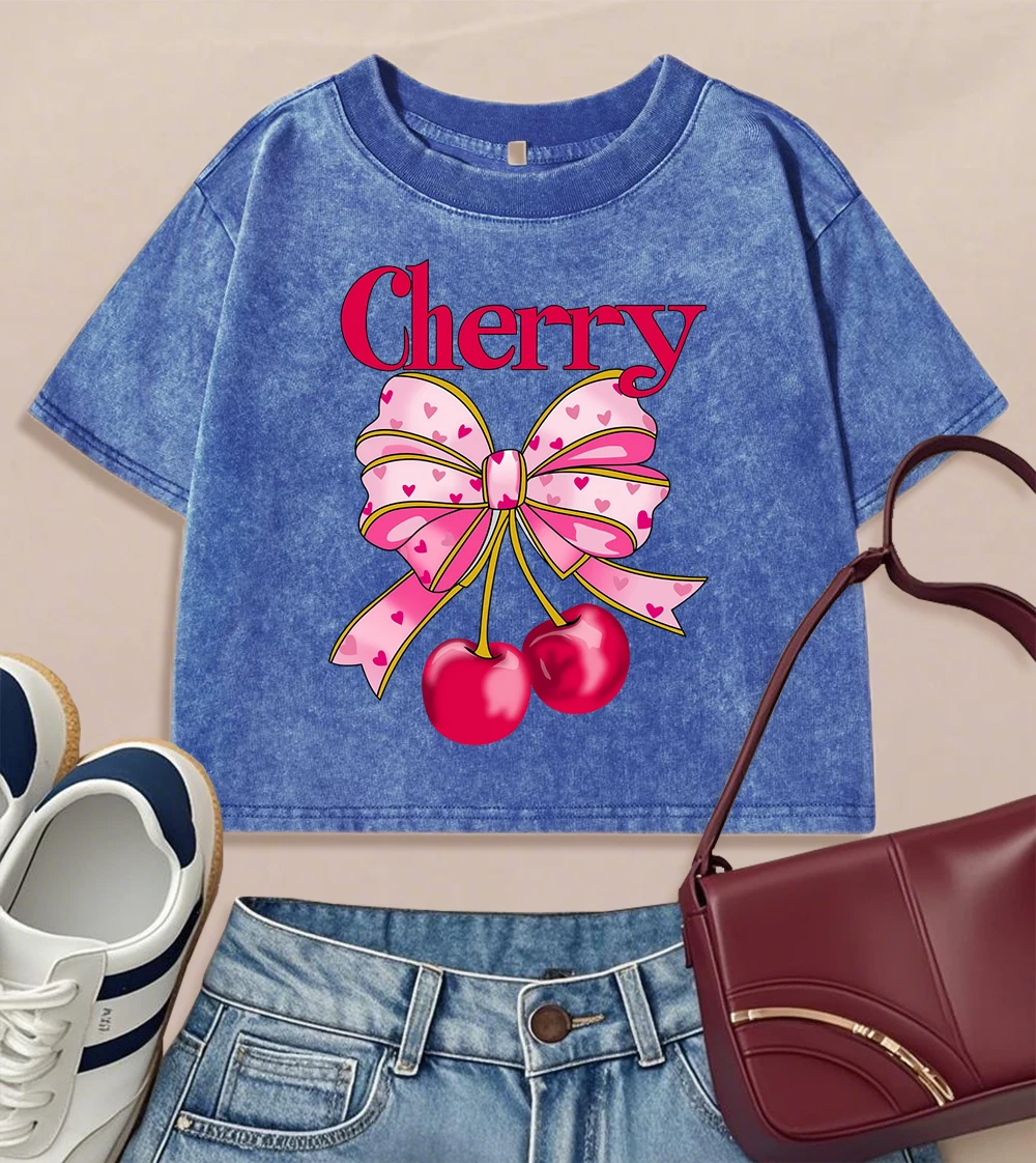 

Pink Bow Cherry Fruit Printing Women Washed T Shirts Slim All-Match T-Shirts Summer Cotton Clothes Y2K Casual Streetwear