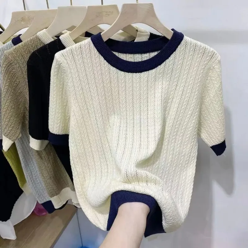 short sleeve sweaters women all-match spring fashion korean style streetwear comfortable office lady o-neck loose Thread solid