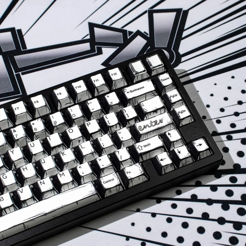 Retro Manga PBT Keycaps, Black White Japanese Anime Keycap, 141 Keys Custom Cherry Profile Key Caps Set,