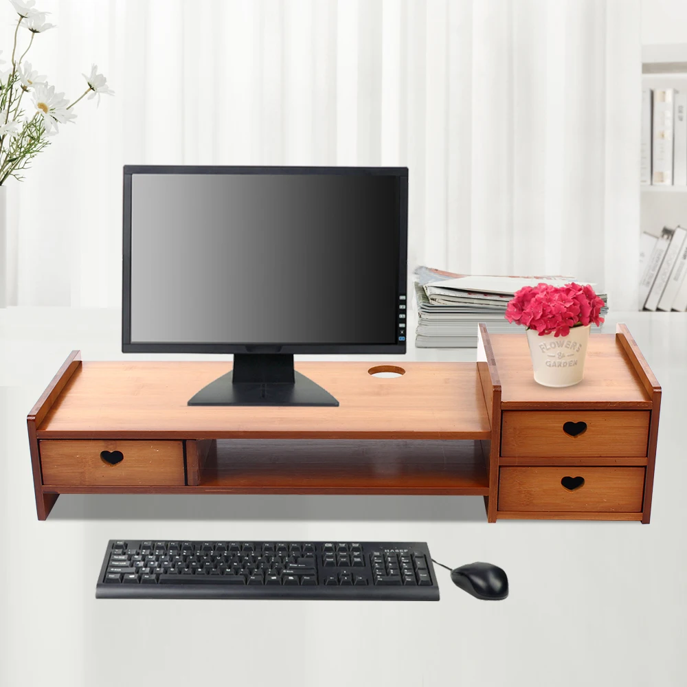 3-laags bamboe monitorverhogerstandaard met laden, 69x23x17cm grote desktoporganizer, draagvermogen 50kg, ergonomische kantoorplank