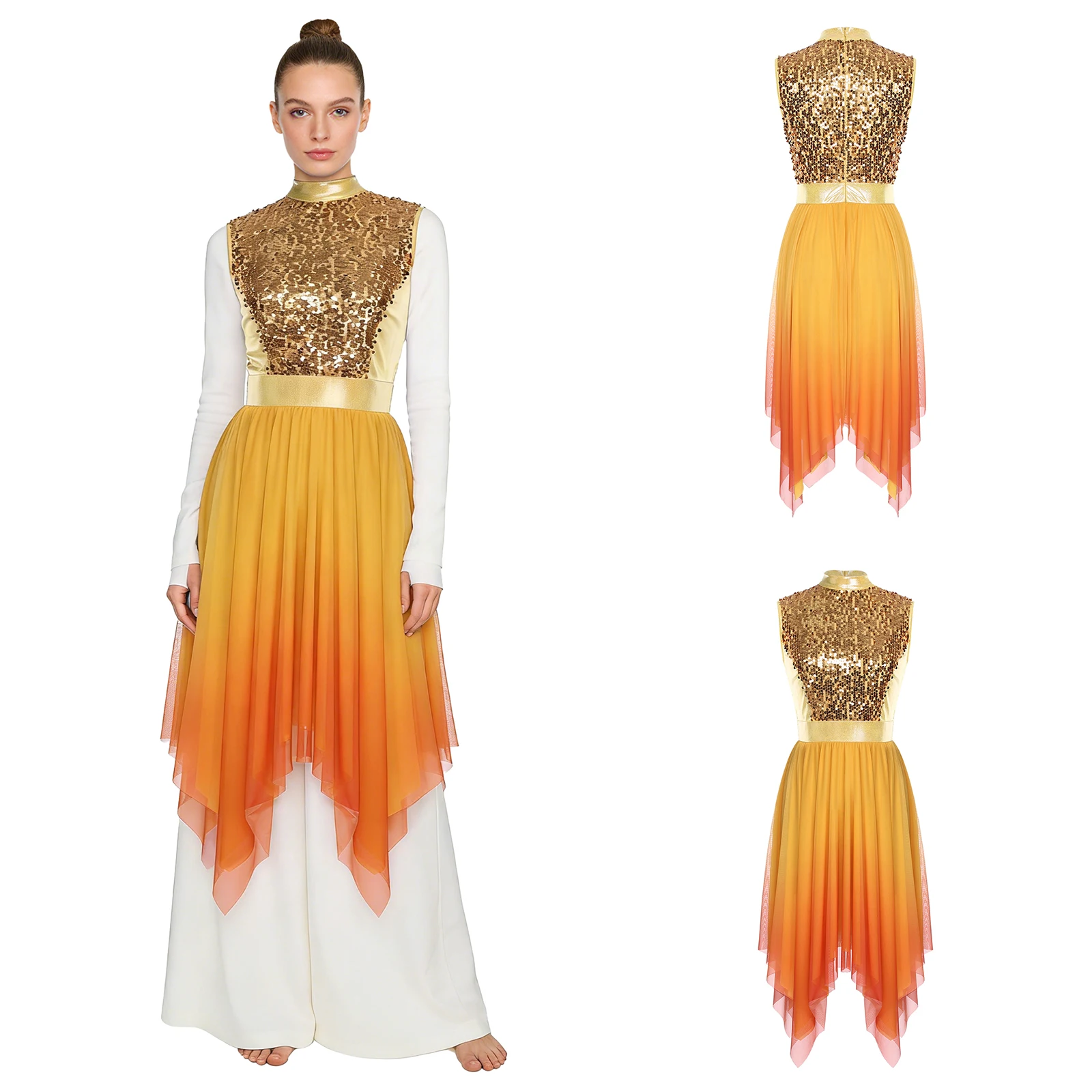 Women Lyrical Dance Performance Costume Sleeveless Shiny Sequin Mesh Bodice Liturgical Worship Church Choir Praise Tunic Dress