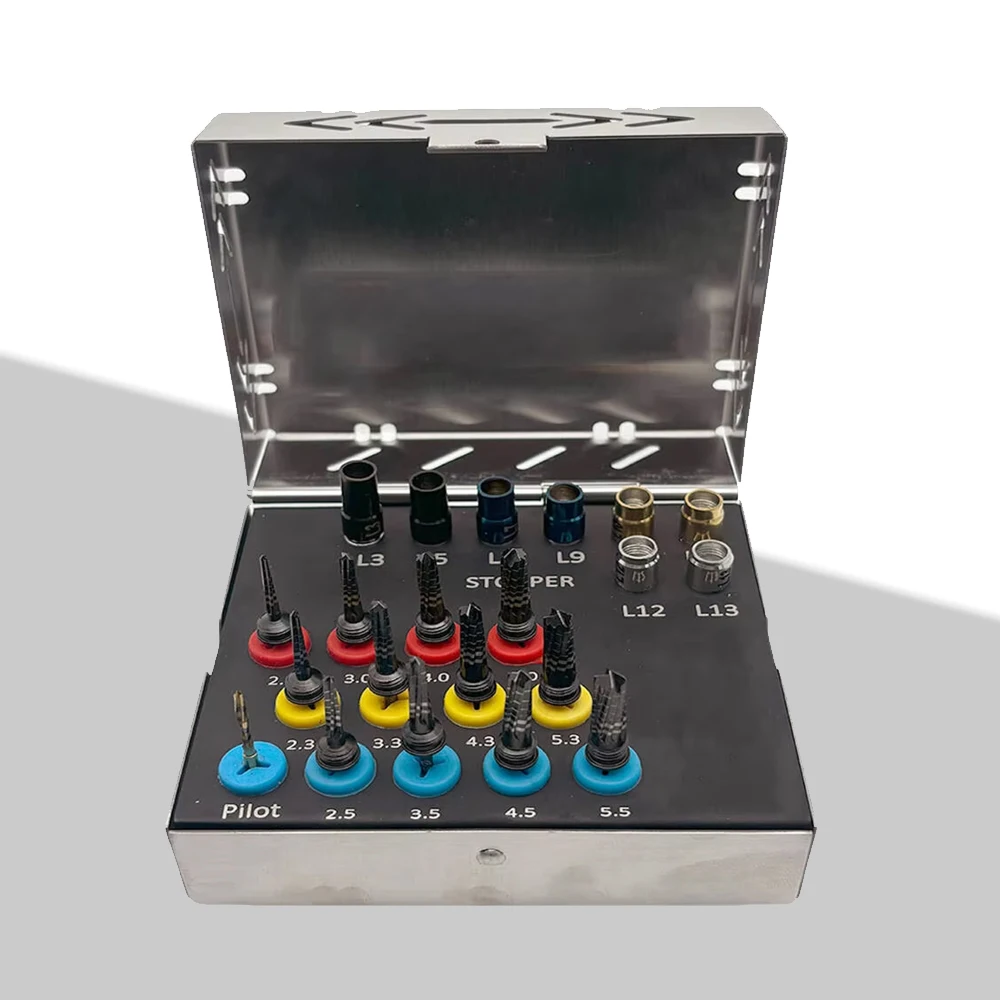 

21 шт., набор бор для оссексификации зубов, набор сверл для имплантатов со стопперми, хирургический класс, нержавеющее черное покрытие