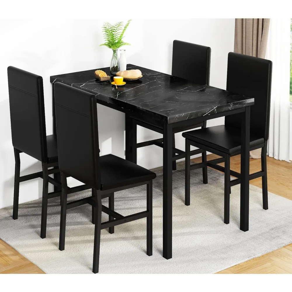 and Chairs for 4, Compact Furniture 5-Piece Dining Room Table Set Faux Marble Table with 4 PU Leather Upholstered S