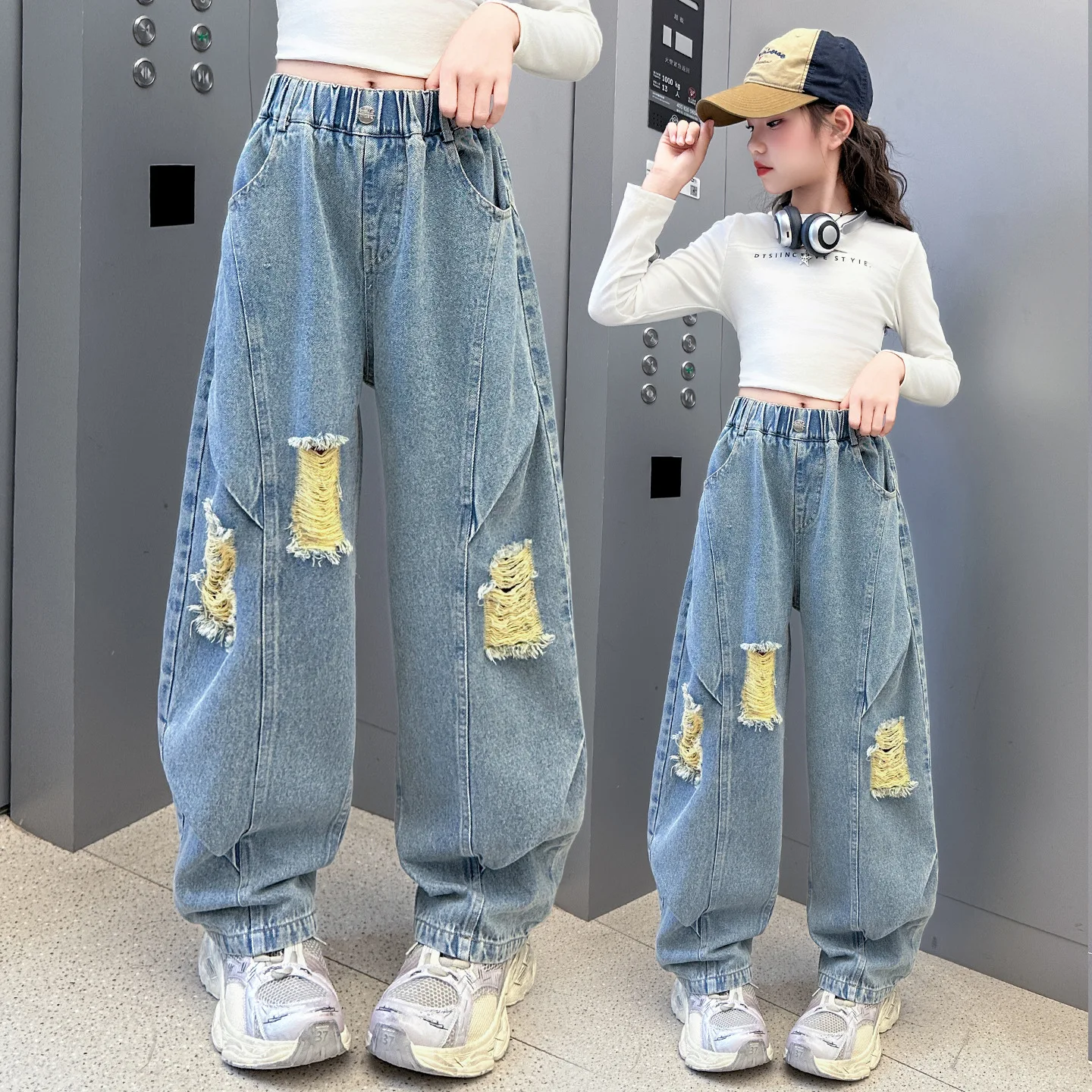 

Children Girls Autumn Denim Pant Korean School Girls Ripped Harem Pant Teenager Girls Simple Solid Button Elastic Waist Jean
