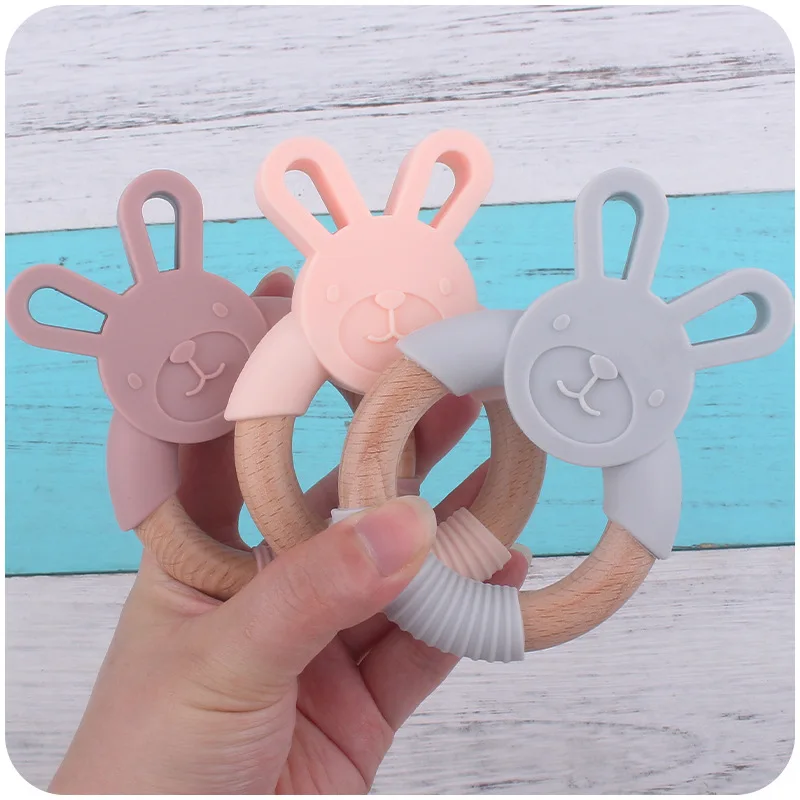 

BPA Free Silicone Baby Teether Cartoon Rabbit Wooden Ring Newborn Handhold Teething Toys Rodent Molar Play Gym Educational Toy