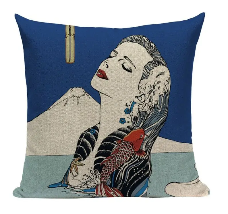 Japanese Tattoo Geisha JP14 Cushion Pillow Painting Vintage Oriental Asian Cherry Blossom Ukiyo Beautiful Woman Girl pillowcase