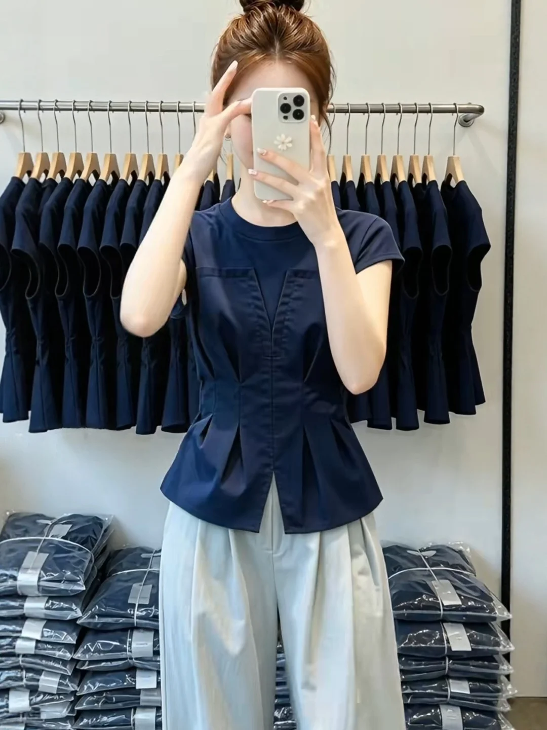 Slimming Short Sleeve T-Shirt Women's plus Size Summer New Style Euro Fashion Waist-Cinching Top Quality Korean Style Commute