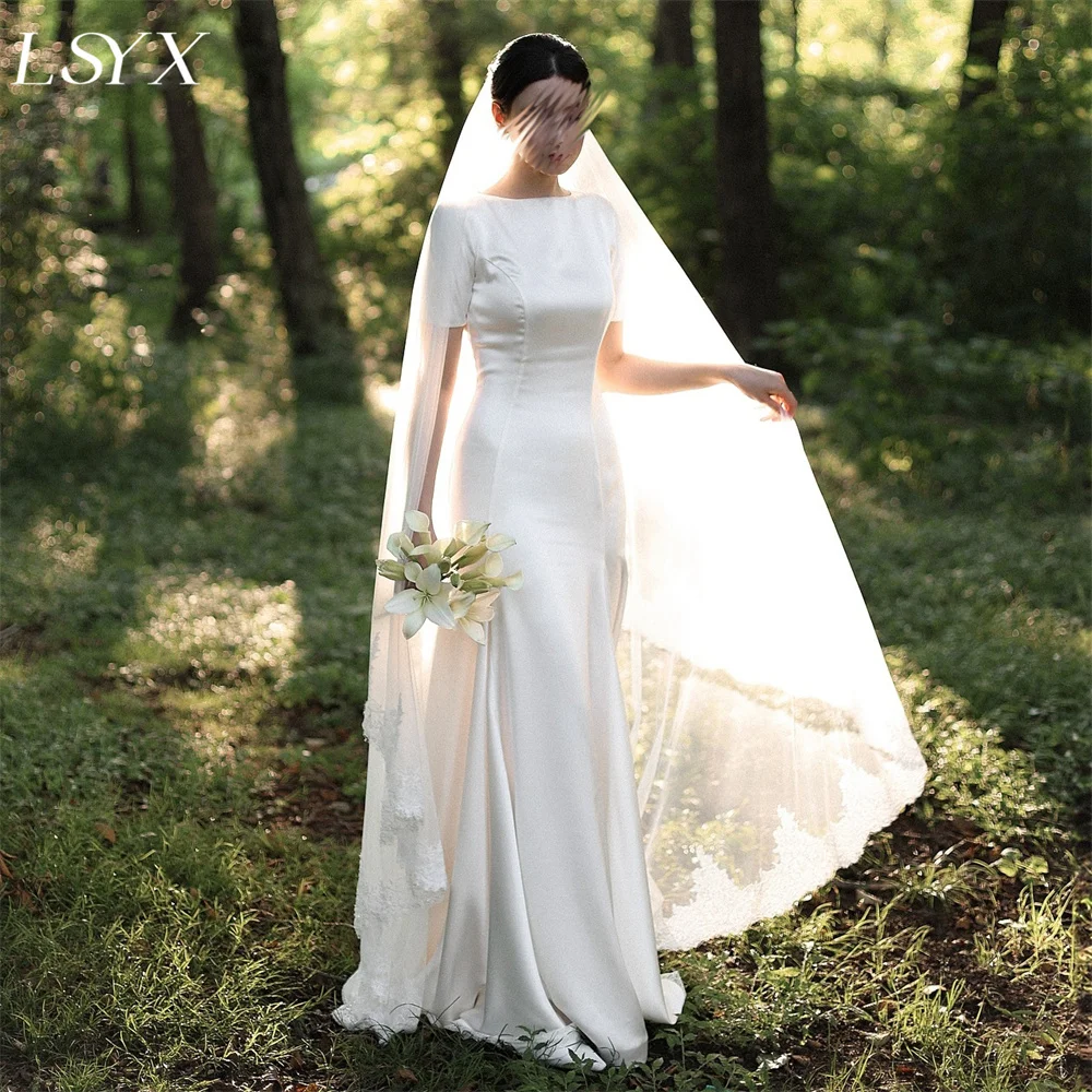 

LSYX Simple Short Sleeves Satin Elegant Mermaid Wedding Dresses O Neck Zipper Back Court Train Bridal Gown Custom Made