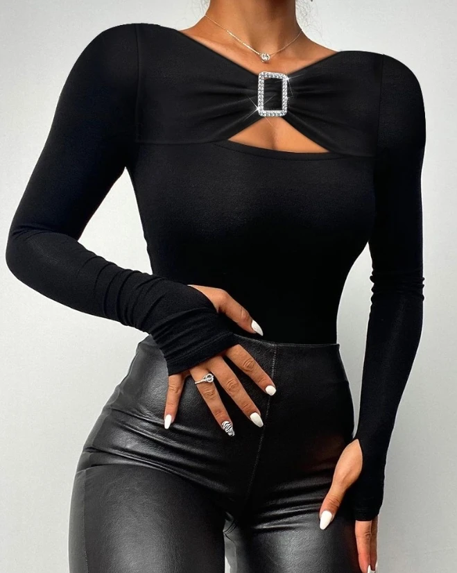 Buckle Hollow Long Sleeve Top 2023 New Hot Selling Fashion Women's Wear Exquisite Sexy Slim Fit