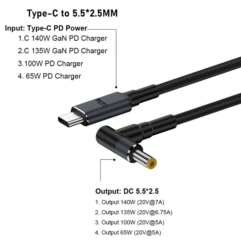 180CM Laptop USB Typ-C zu DC Kabel 20V 7A 5,5X2,5mm PD 140W Konverterkabel Emark Chip Mehrere Modelle für HP/Dell/Asus