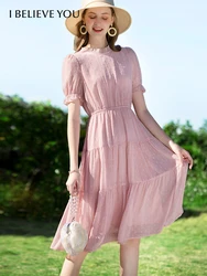 I BELIEVE YOU Dresses for Women 2022 Summer Aline Midi Dress Oneck Puff Sleeves Chiffon Pullover Woman's Clothing 2223094331