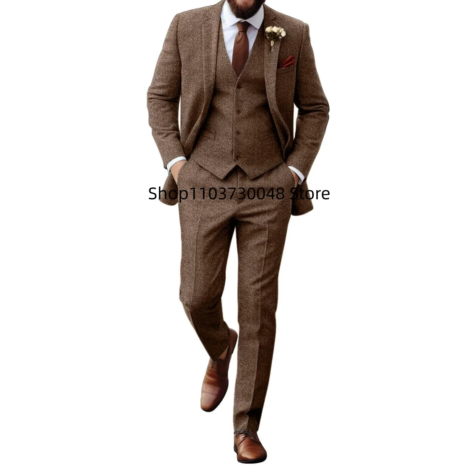 

Мужской костюм-тройка из твида с узором «ёлочка» для бизнеса, зимний, винтажный, с лацканами, пиджак, жилет, брюки для свадьбы, верхняя одежда