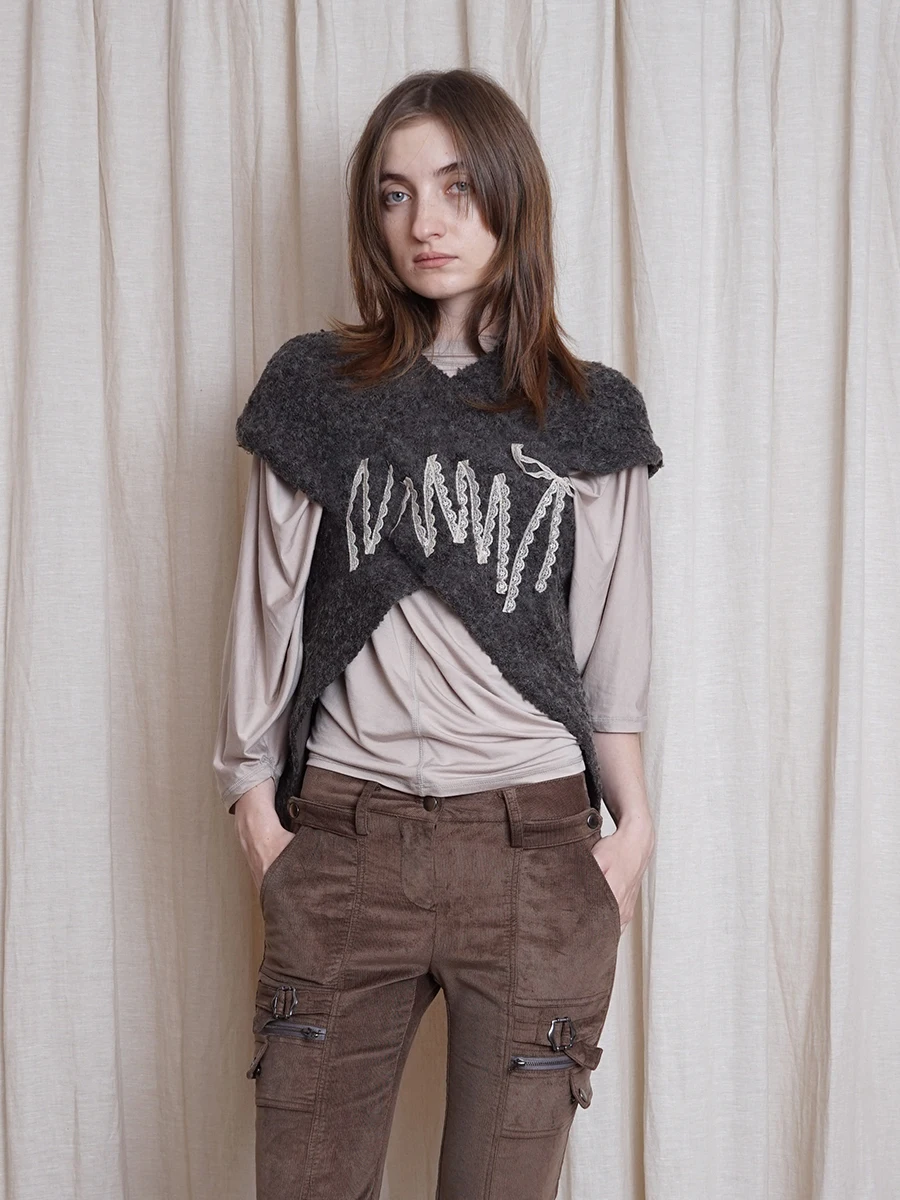 

TROPICEYE 25 Autumn Winter Original Design Vintage Mid-Century Sle Lace Decorated Woolen Waistcoat Women's Faion