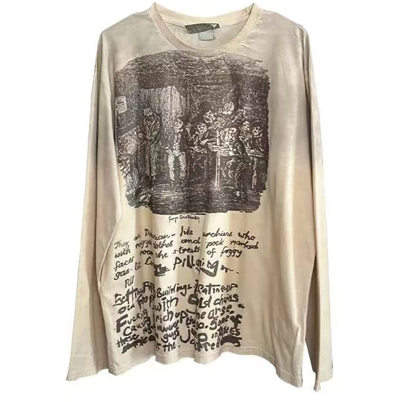 

Vintage Oversized Letters T-shirts Gothic Loose Long Sleeve T Shirts Harajuku Streetwear Retro Tshirts Hip Hop Y2K Tee Tops