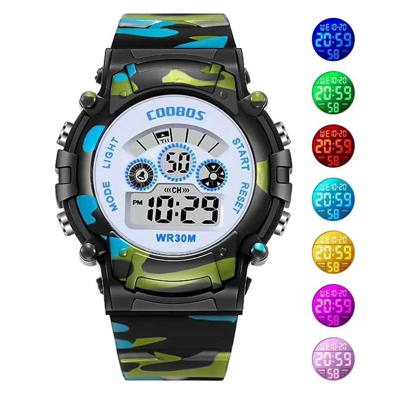 Reloj Digital con Flash colorido para niños y niñas, relojes deportivos luminosos LED de camuflaje para niños, reloj electrónico resistente al agua