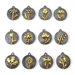 10PCs Vintage Birth Month Flower Charms Antique Gold Color Round Flower Pendants DIY Necklace Women Party Jewelry 20mm x 17.5m