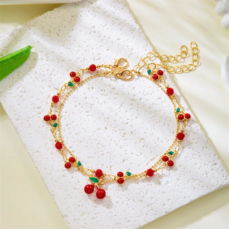 Nette Süße Rote Kirsche Kette Armband Halskette Für Frauen Vintage Gold Farbe Blume Obst Schlüsselbein Fußkettchen Hochzeit Schmuck – Detail 20