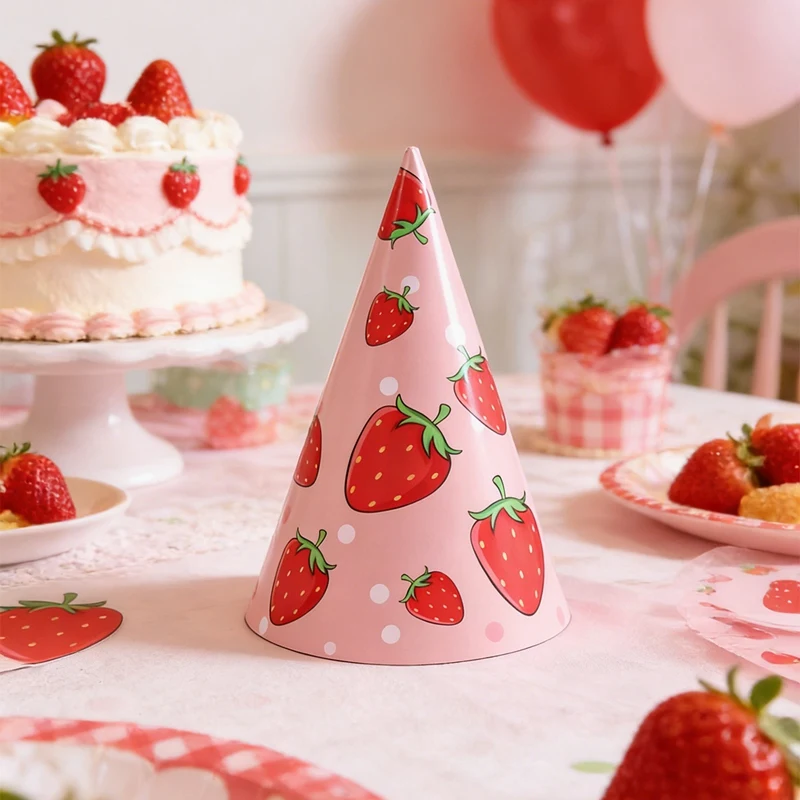 6 Stück rosa Erdbeer-Geburtstagsparty-Hüte, einfache Montage, leichte, robuste Kegel-Papierhüte für Mädchen-Geburtstagsparty-Dekorationen – Detail 2