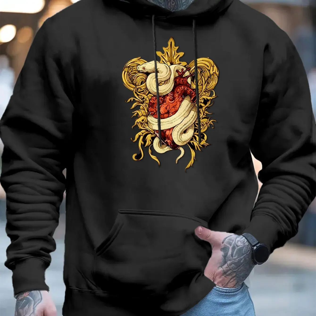 

​​serpent heart hoodie black red gold embroidery streetwear oversized pullover snake and heart design with ornate leaf patterns​