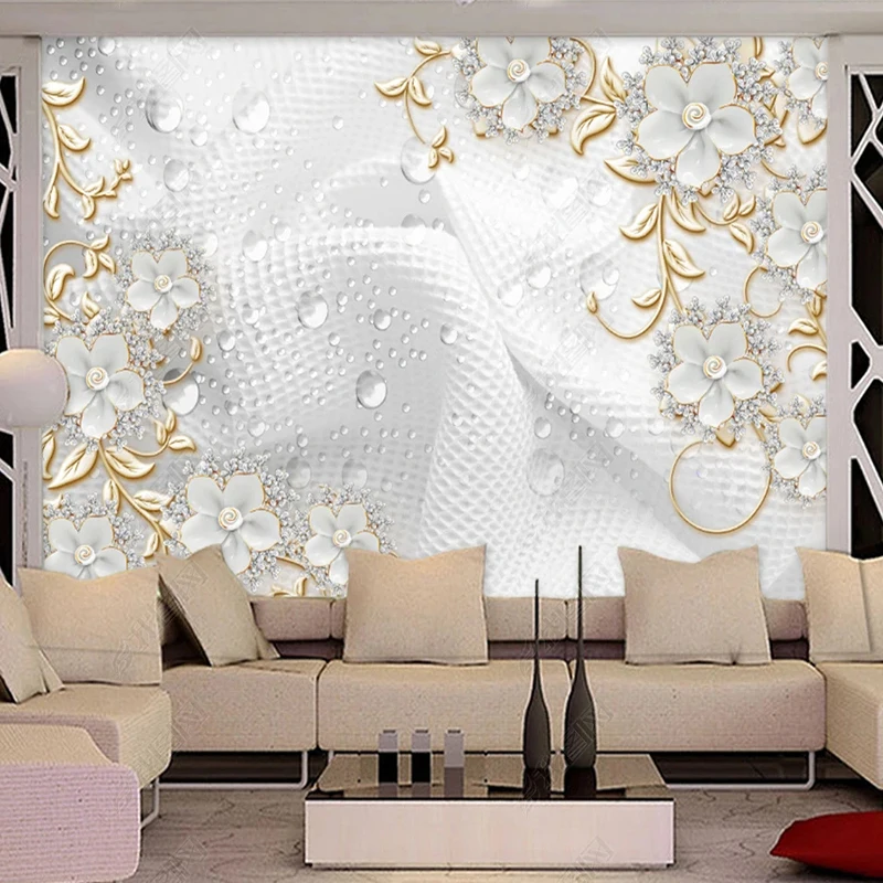 Custom Wallpaper 3D Luxury European Style White Flower Beads Jewelry Mural Living Room Sofa Bedroom Home Decor Papel De Parede