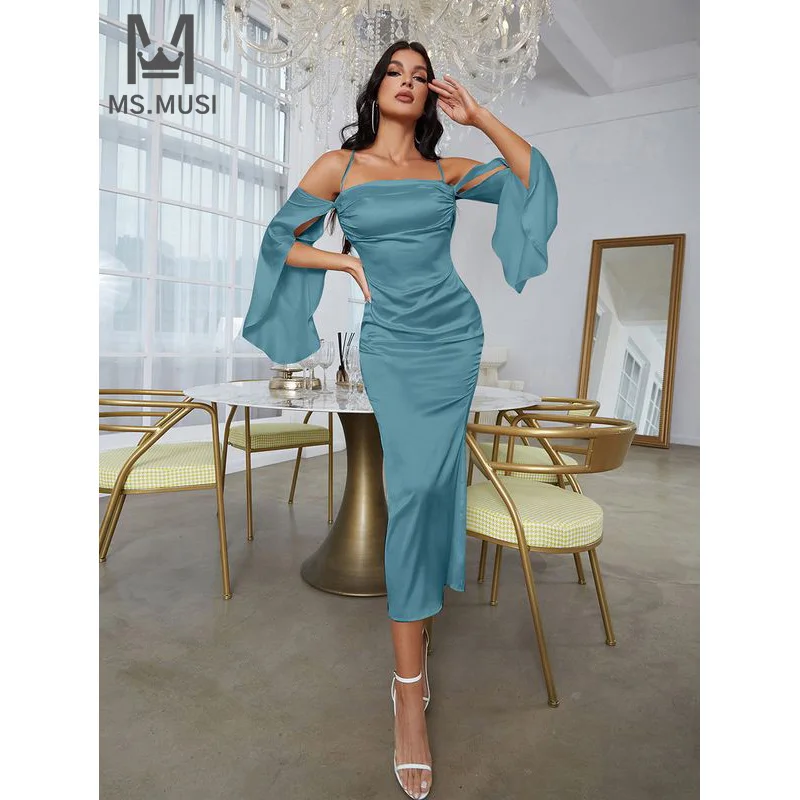 MSMUSI 2024 New Fashion Women Sexy Strap Halter Off The Shoulder Long Sleeve Backless Bodycon Party Event Midi Dress Vestidos