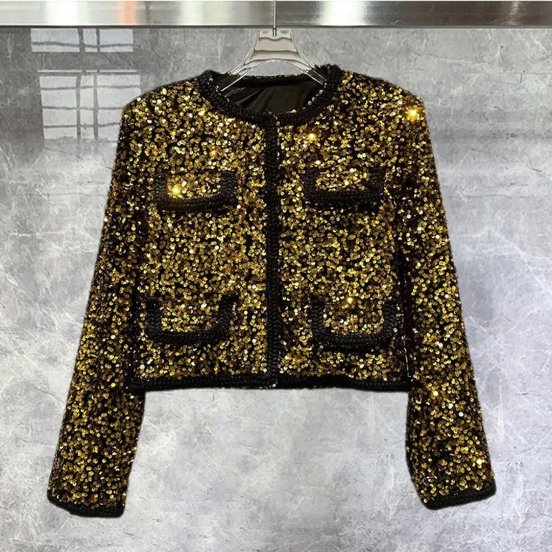 2023 Fall Vintage Black Gold Contrasting Heavy Sequins Bomber Jacket Korean Streetwear Social Club Outfits Women's Short Jacket