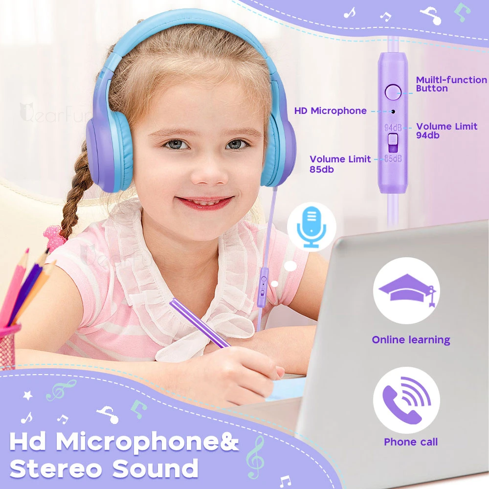 Auriculares con cable y micrófono para niños, audífonos estéreo con límite de volumen de 85dB, ideal para regalo, viaje en casa