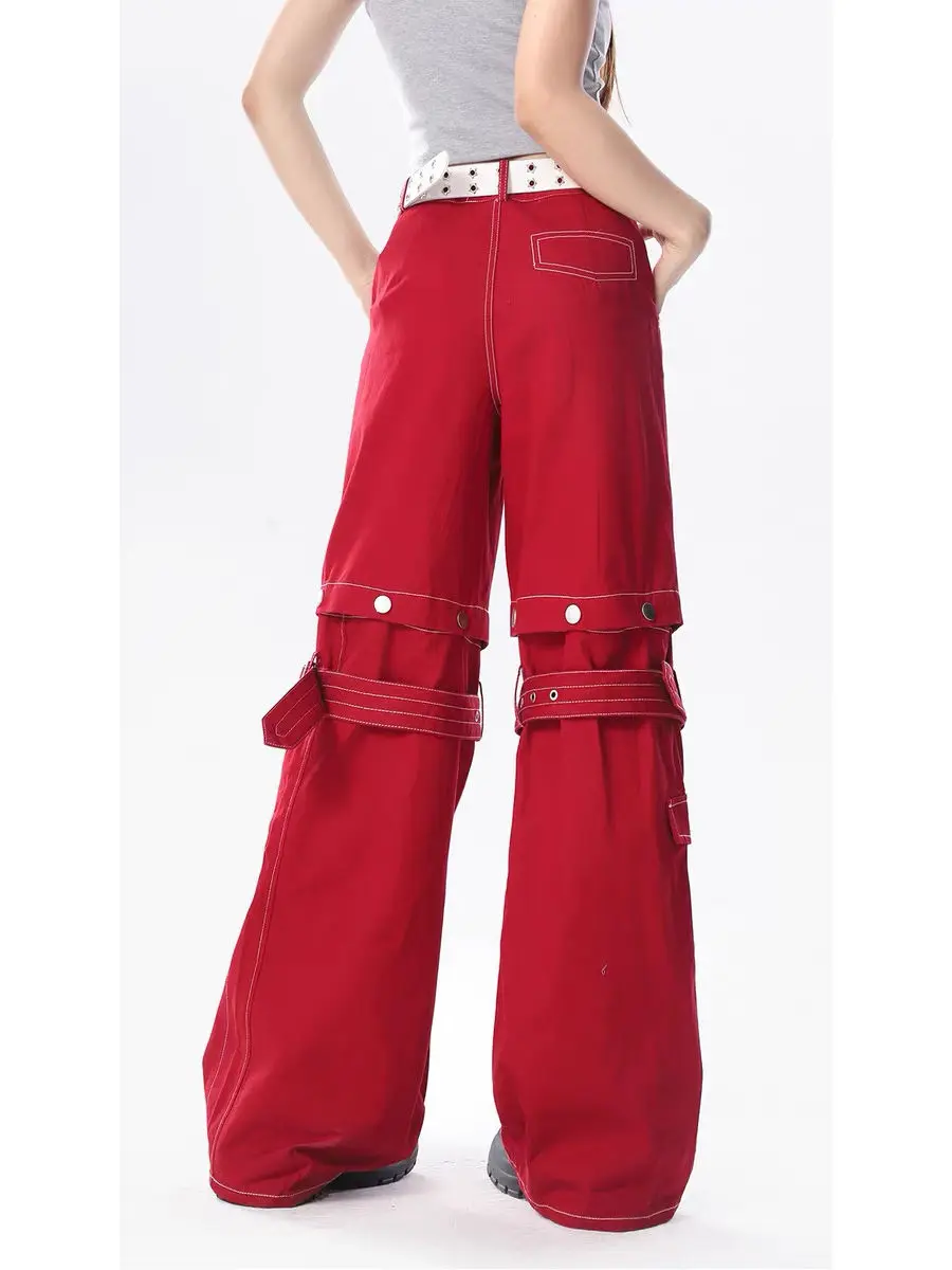 Overall Jeans Detachable Women'S American Red New 90S Spicy Girl Y2K Design Feel Loose Wide Leg Long Floor Mopping Pants